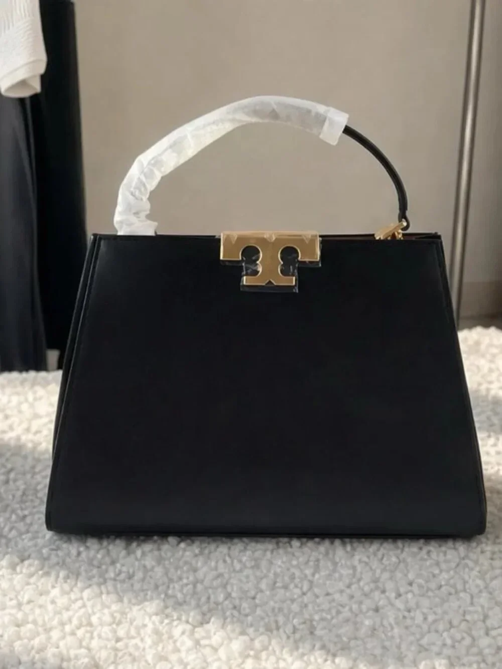 Tory Burch Black Leather Top-Handle Satchel with Gold Hardware